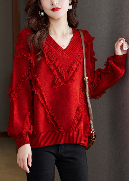 Nouveau pull en laine rouge à pompons confortable en tricot automne QS005