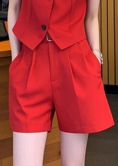 Neck And Two Spandex Pieces Waistcoat V Set Red New Button Shorts