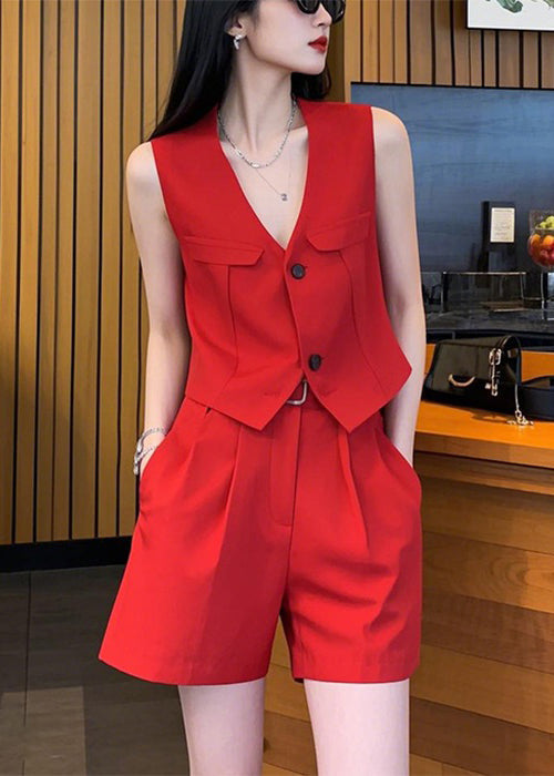 Neck And Two Spandex Pieces Waistcoat V Set Red New Button Shorts