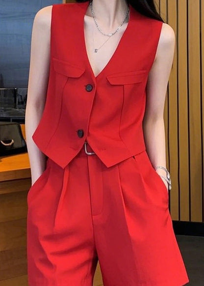 Neck And Two Spandex Pieces Waistcoat V Set Red New Button Shorts