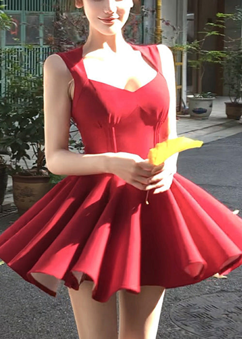 V New Sleeveless Zippered Cotton Mini Red Neck Dresses