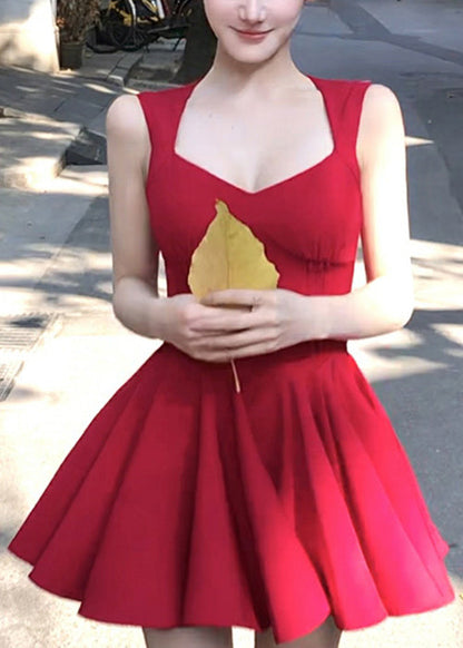 V New Sleeveless Zippered Cotton Mini Red Neck Dresses