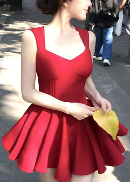 V New Sleeveless Zippered Cotton Mini Red Neck Dresses