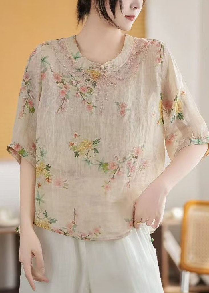 Style New Linen Retro Tops Summer Chinese Apricot Print