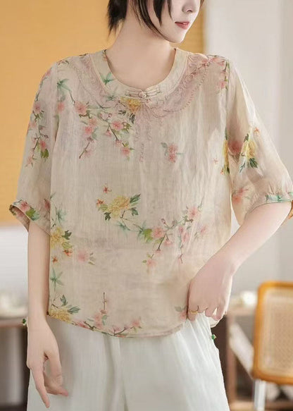 Style New Linen Retro Tops Summer Chinese Apricot Print