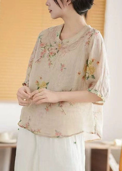 Style New Linen Retro Tops Summer Chinese Apricot Print