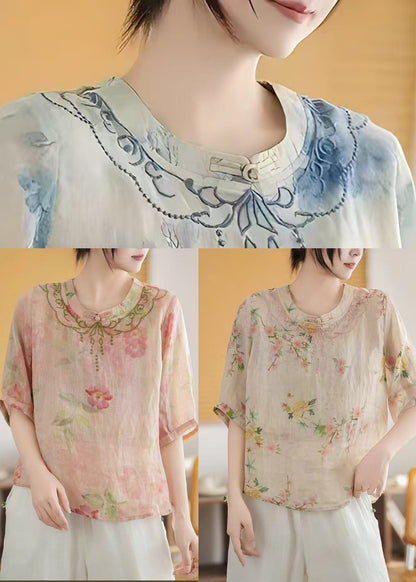 Style New Linen Retro Tops Summer Chinese Apricot Print