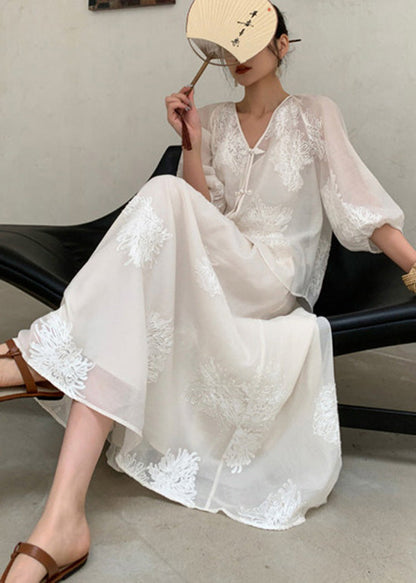 Embroidered Two Beige Piece Retro New Set Cotton Summer Outfits