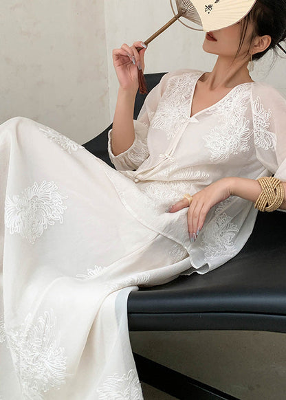 Embroidered Two Beige Piece Retro New Set Cotton Summer Outfits