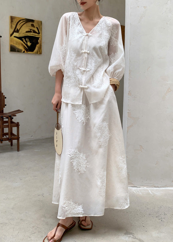 Embroidered Two Beige Piece Retro New Set Cotton Summer Outfits