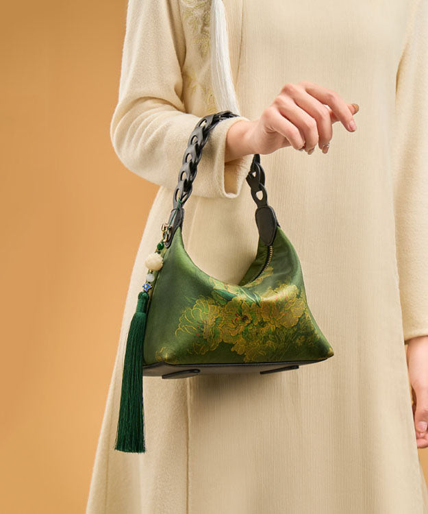 Bag Print Green Retro Tassel Blackish Silk New Tote