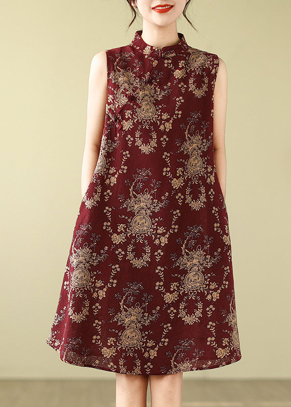 Collar Dress Print New Line A Cotton Mandarin Mulberry Retro