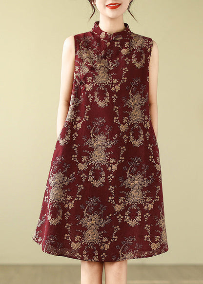 Collar Dress Print New Line A Cotton Mandarin Mulberry Retro