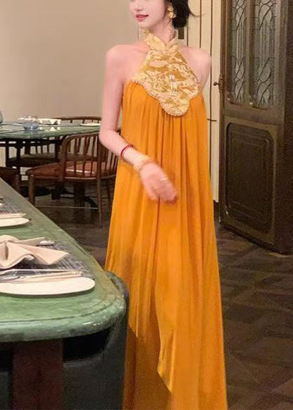 Chiffon New Halter Orange Retro Patchwork Summer Dresses