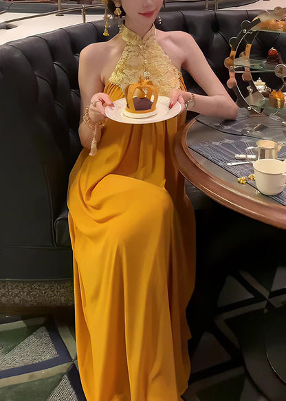 Chiffon New Halter Orange Retro Patchwork Summer Dresses