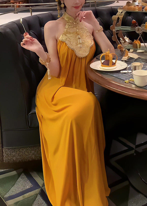 Chiffon New Halter Orange Retro Patchwork Summer Dresses