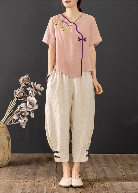 New Chinese Piece Retro Summer Button Embroidered Pink Outfit 2