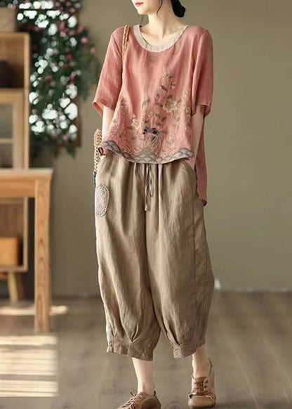 Summer Retro Linen Two Piece New Oversized Pink Set Print