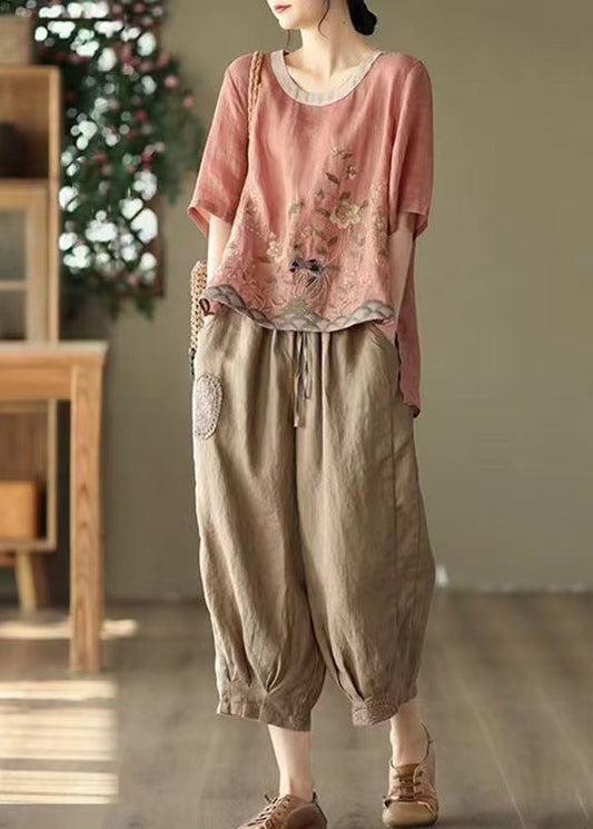 Summer Retro Linen Two Piece New Oversized Pink Set Print