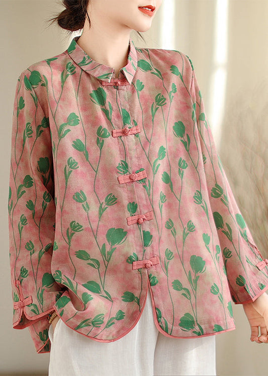 New Retro Pink Peter Pan Collar Print Chinese Button Cotton Shirts Top Fall OO040