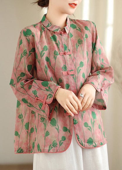 New Retro Pink Peter Pan Collar Print Chinese Button Cotton Shirts Top Fall OO040