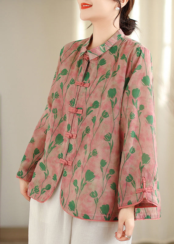 New Retro Pink Peter Pan Collar Print Chinese Button Cotton Shirts Top Fall OO040