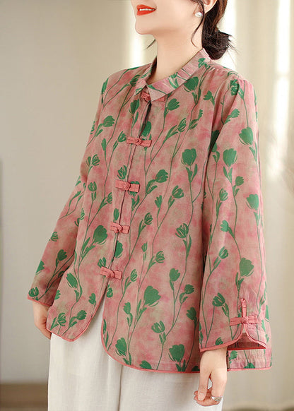 New Retro Pink Peter Pan Collar Print Chinese Button Cotton Shirts Top Fall OO040