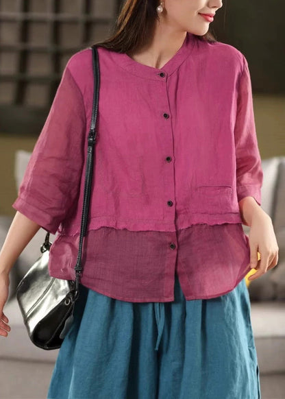 Linen Blouses Neck O Button Patchwork Summer Rose New