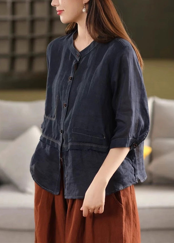 Linen Blouses Neck O Button Patchwork Summer Rose New