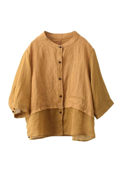 Linen Blouses Neck O Button Patchwork Summer Rose New