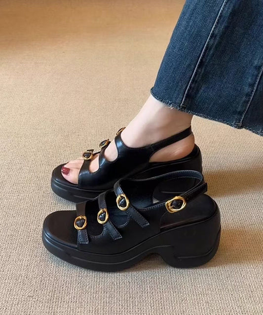 Toe Splicing Peep Black New Sandals Platform Leather Faux