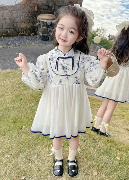 New Stand Collar Print Tulle Patchwork Girls Dresses Fall XZ084