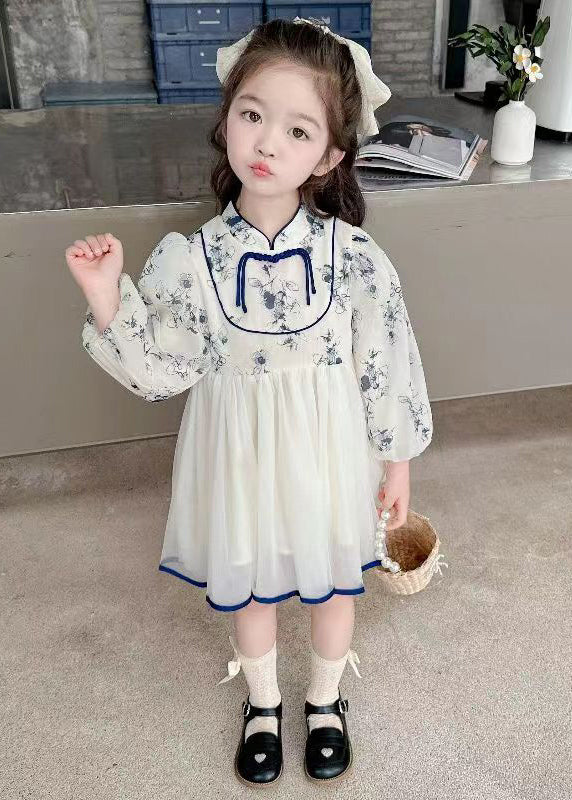 New Stand Collar Print Tulle Patchwork Girls Dresses Fall XZ084