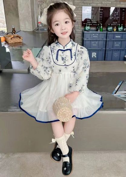 New Stand Collar Print Tulle Patchwork Girls Dresses Fall XZ084