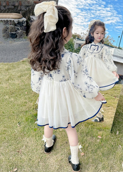 New Stand Collar Print Tulle Patchwork Girls Dresses Fall XZ084