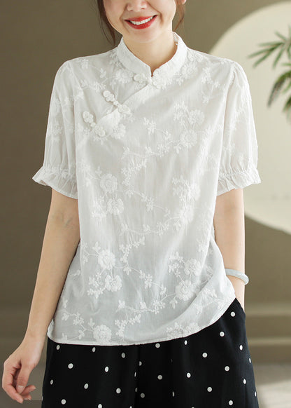 New White Embroidered Button Cotton Blouse Summer RE009