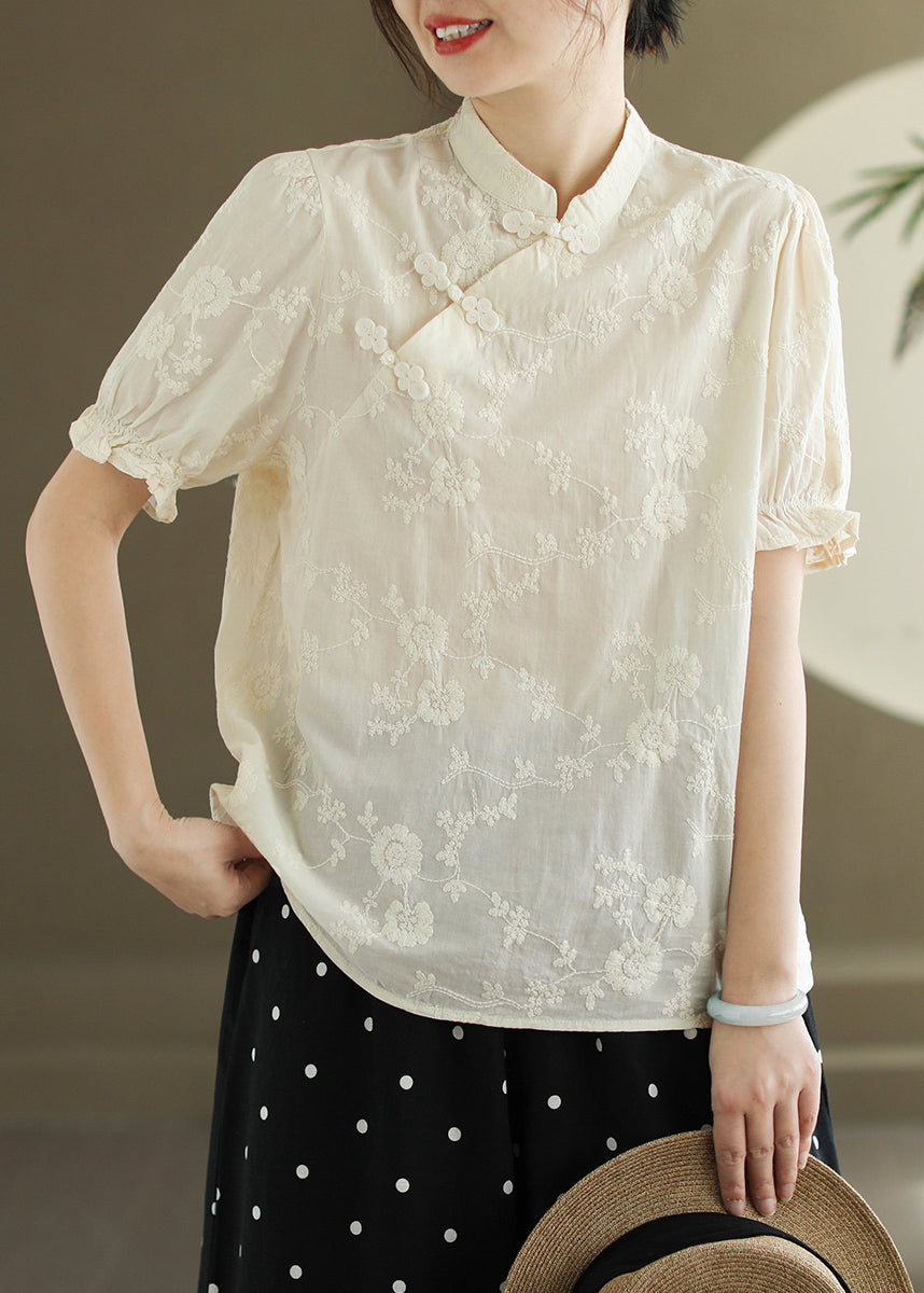 New White Embroidered Button Cotton Blouse Summer RE009