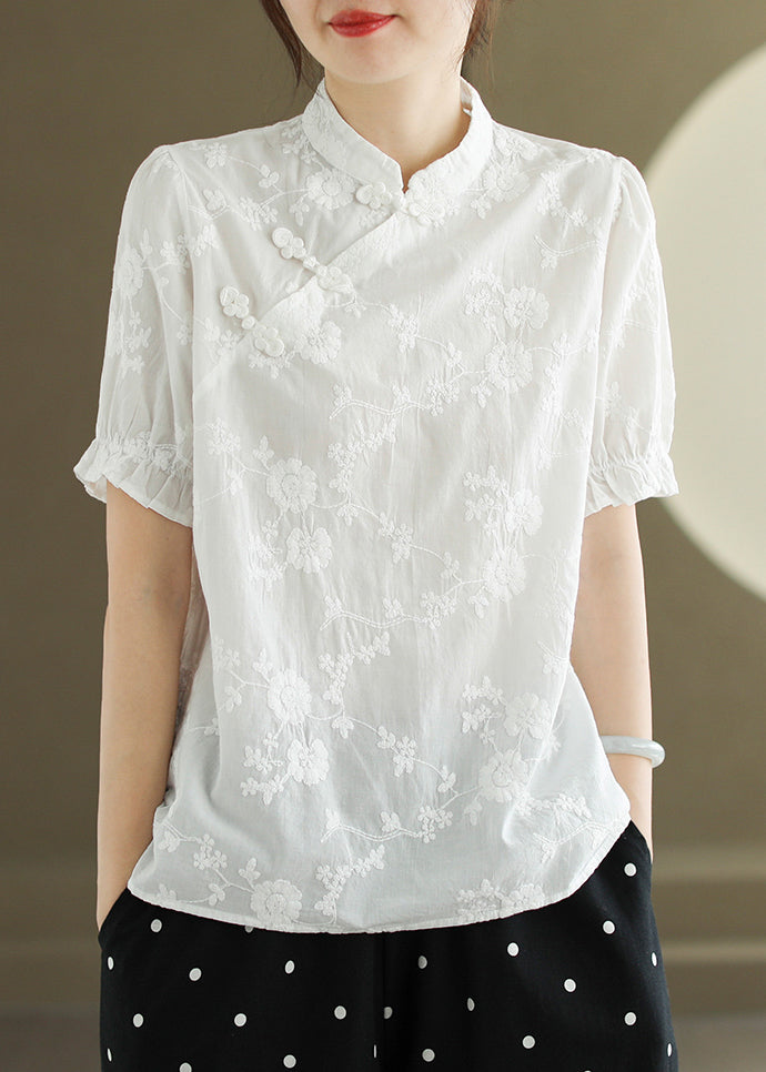 New White Embroidered Button Cotton Blouse Summer RE009