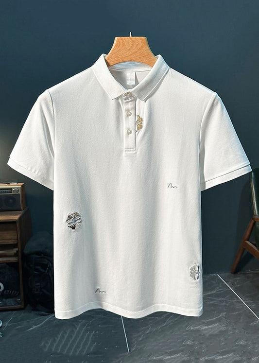Mens Polo New Shirts Cotton Solid Button Embroideried White