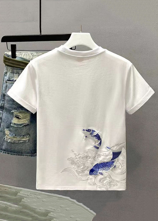 New White Embroideried Cozy Solid Cotton Mens T Shirts Summer LK065