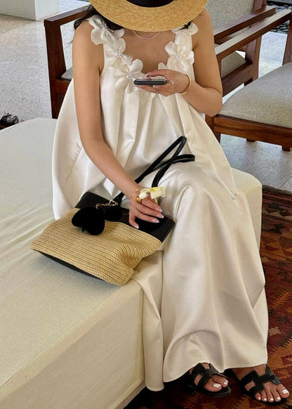 White Cotton New Maxi Floral Solid Sleeveless Dresses