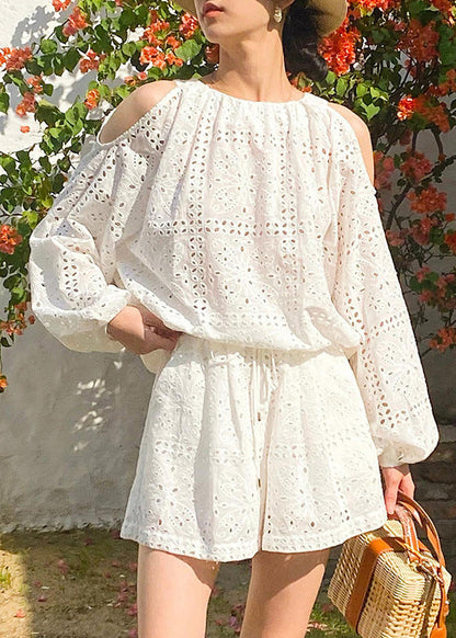 Out And Two Cotton New Tops Pieces Shorts Hollow Summer White Set