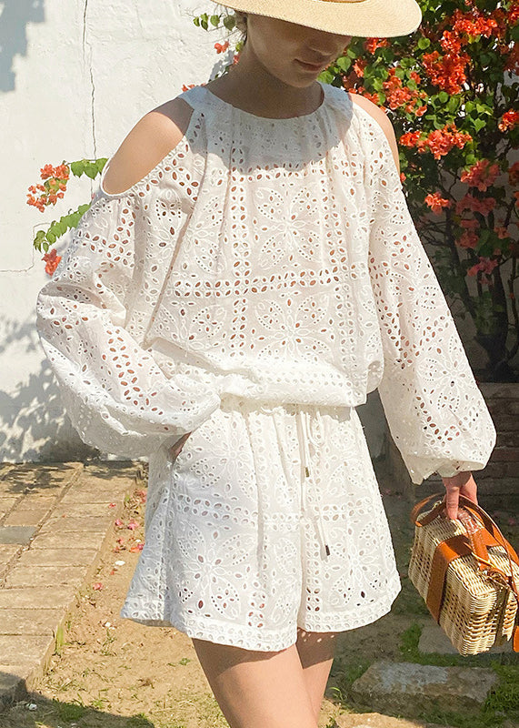 Out And Two Cotton New Tops Pieces Shorts Hollow Summer White Set