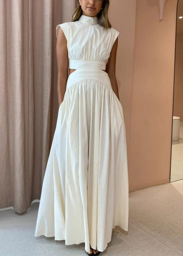 Dresses Maxi White Hollow Cotton New Wrinkled Summer Pockets Out