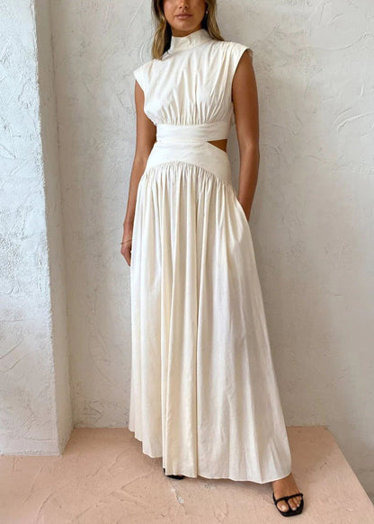 Cotton Wrinkled Summer New Maxi Hollow White Dresses Out Pockets