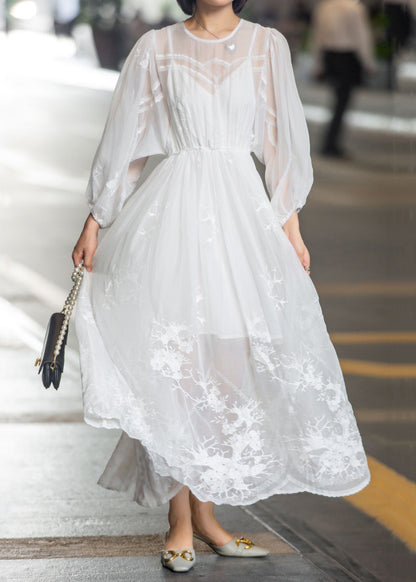 Embroidered Up Fall Lace Chiffon Dress Long New White
