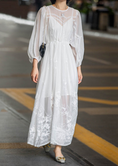 Embroidered Up Fall Lace Chiffon Dress Long New White