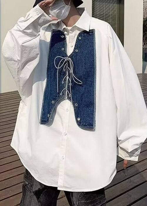 Shirt Mens Up Denim New White Spring Patchwork Lace