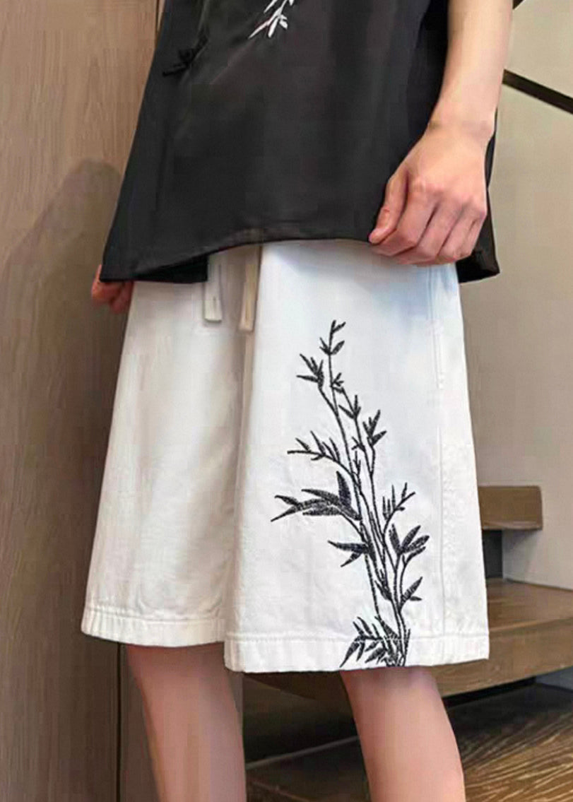 Up Elastic White New Denim Waist Shorts Pockets Lace Men