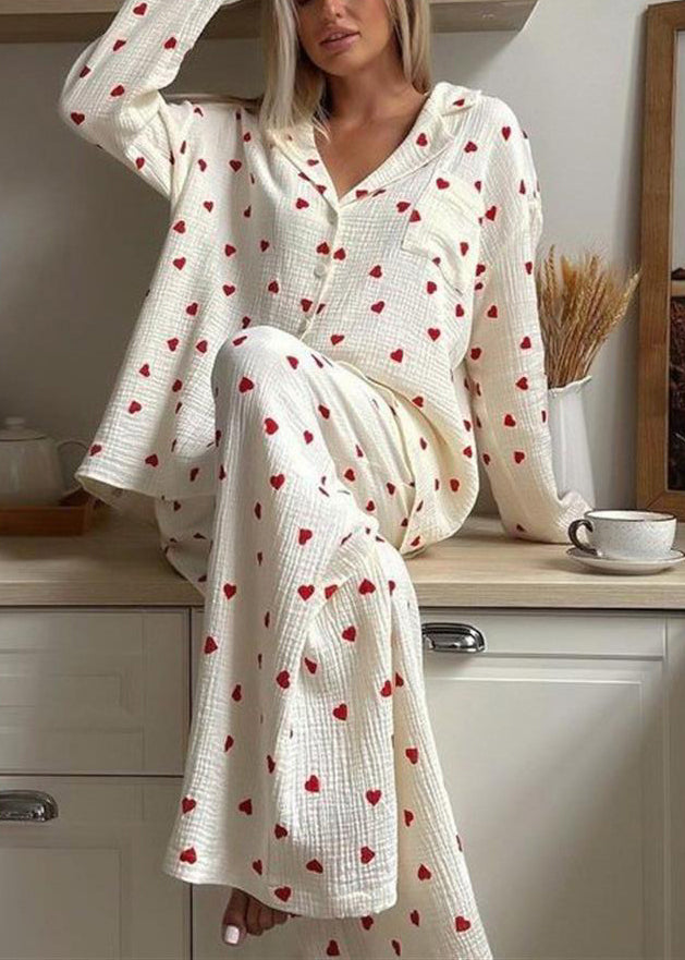 Fall Love Sets White Print Notched New Pajama Cotton